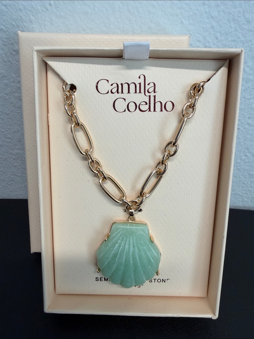 Camila Coelho | Jade Inspired Shell Pendant Gold Tone Paperclip Chain Necklace